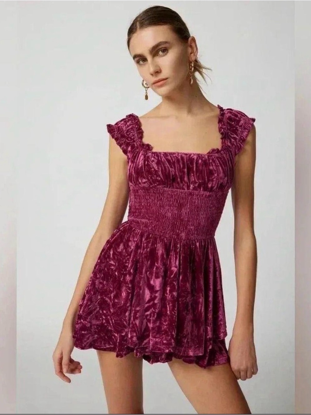 Urban Outfitters UO Rosie Velvet Romper in Burgundy - Size L
